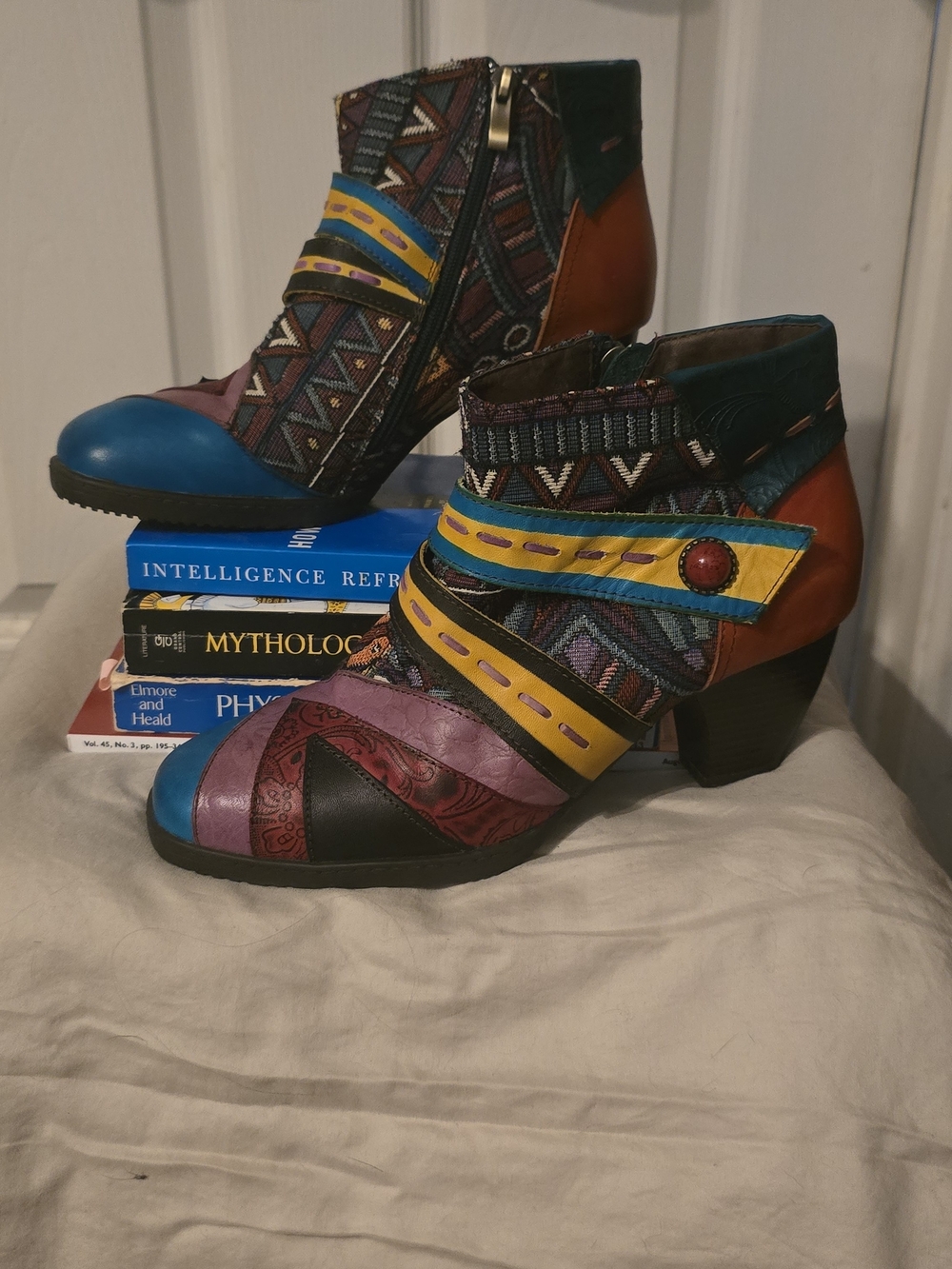 Ecocofy EU 40 Multicolor Boho Patchwork Ankle Boots Tapestry Strappy Heels